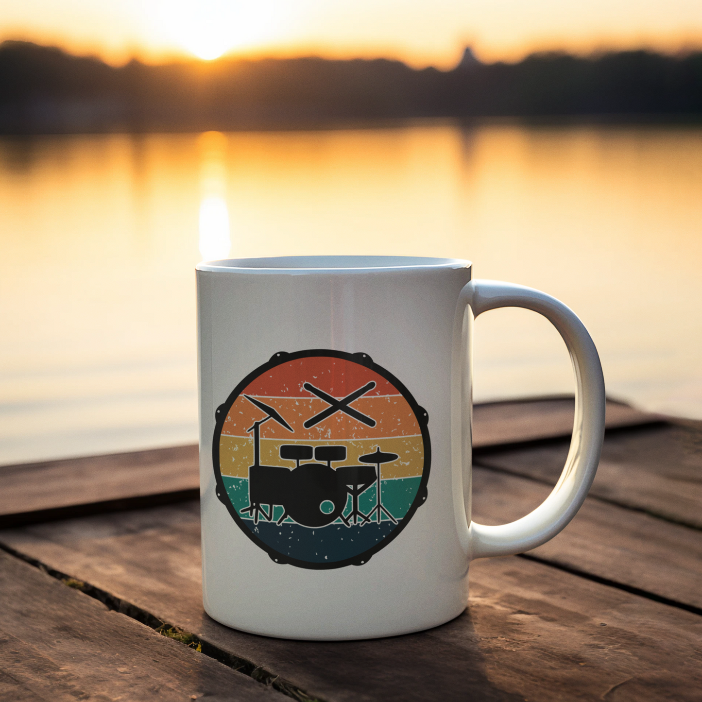 Snare Drum Retro Vintage Sunset With Drumkit And Drumsticks White glossy mug