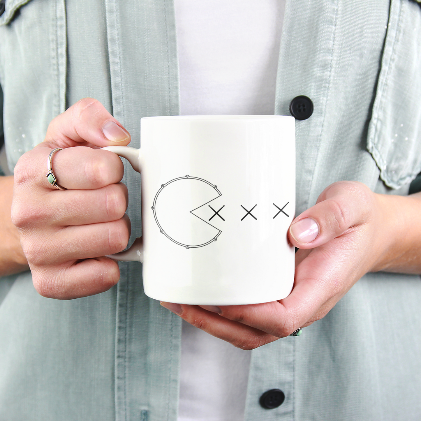 Snare Drum Eating Drumsticks White glossy mug