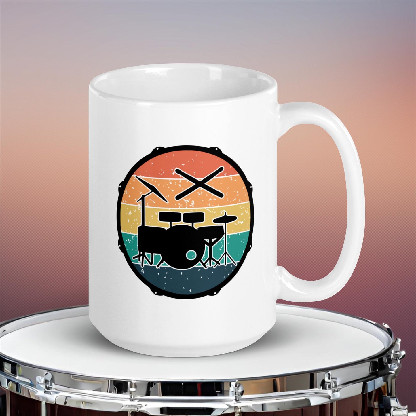 Snare Drum Retro Vintage Sunset With Drumkit And Drumsticks White glossy mug