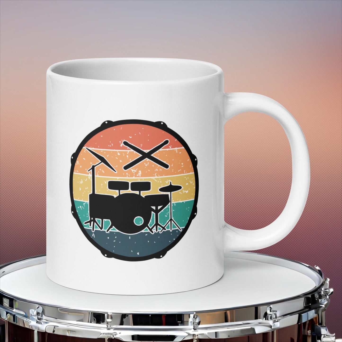 Snare Drum Retro Vintage Sunset With Drumkit And Drumsticks White glossy mug